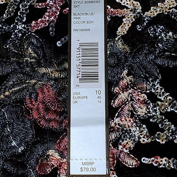NWT Tahari Black Velvet Sequin Embroidered Knee Length Skirt Sz 10 Ornate Dressy - Picture 9 of 13